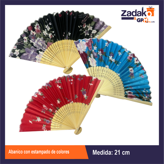 GPM-2803 ABANICO CON ESTAMPADO DE COLORES 21 CM CON 1 PZ O CAJA CON 1000 PZS