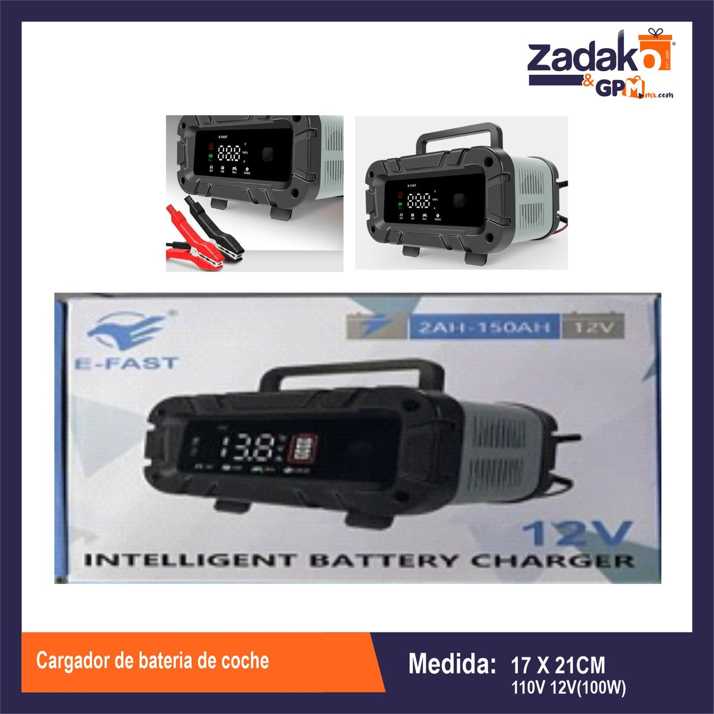 ZF-2202 CARGADOR DE BATERIA DE COCHE DE 17 X 21CM DE 110V 12V(100W) CON 1 PZ O CAJA CON 16 PZS