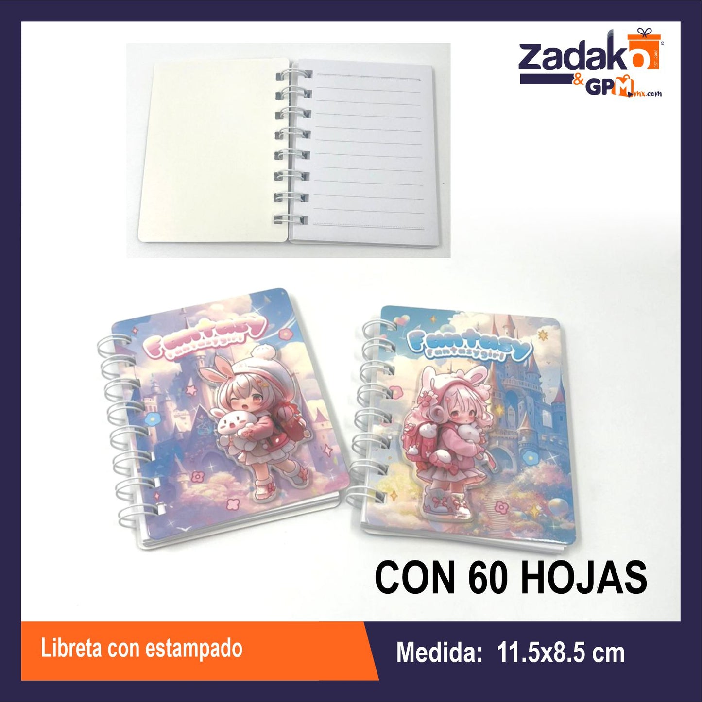 HFY-12526 LIBRETA CON ESTAMPADO CON 1 PZ O CAJA CON 480 PZS