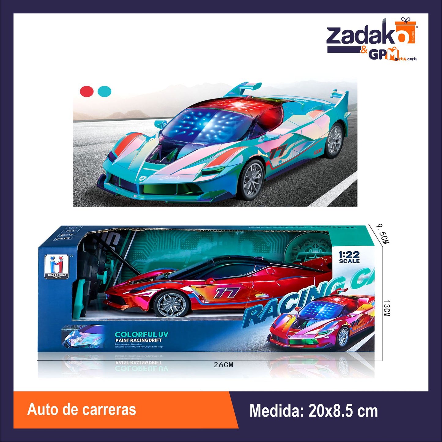 ZT-0416 AUTO DE CARRERAS 20 x 8.5 x 5 CM CON 1 PZ O CAJA CON 48 PZS