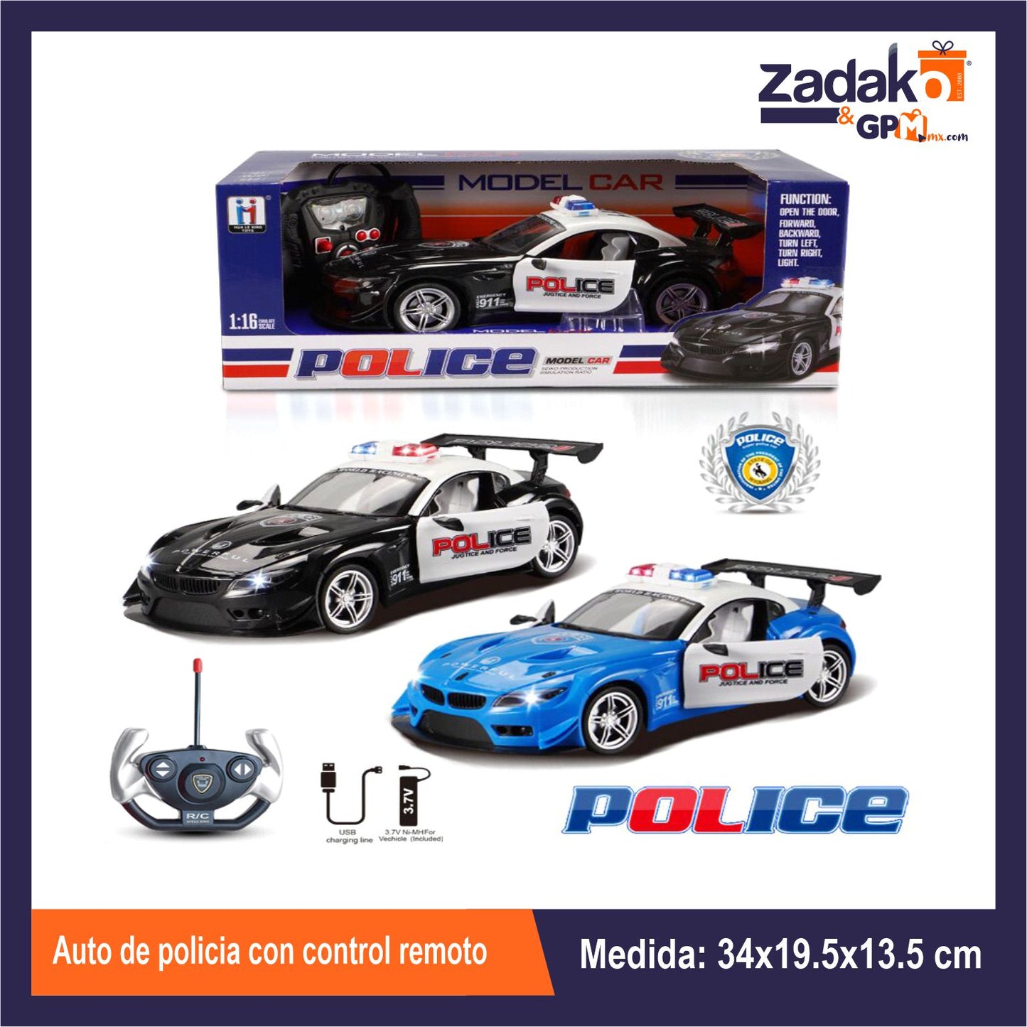 ZT-0443 AUTO DE POLICIA CON CONTROL REMOTO 34x19.5x13.5 CM CON 1 PZ O CAJA CON 24 PZS