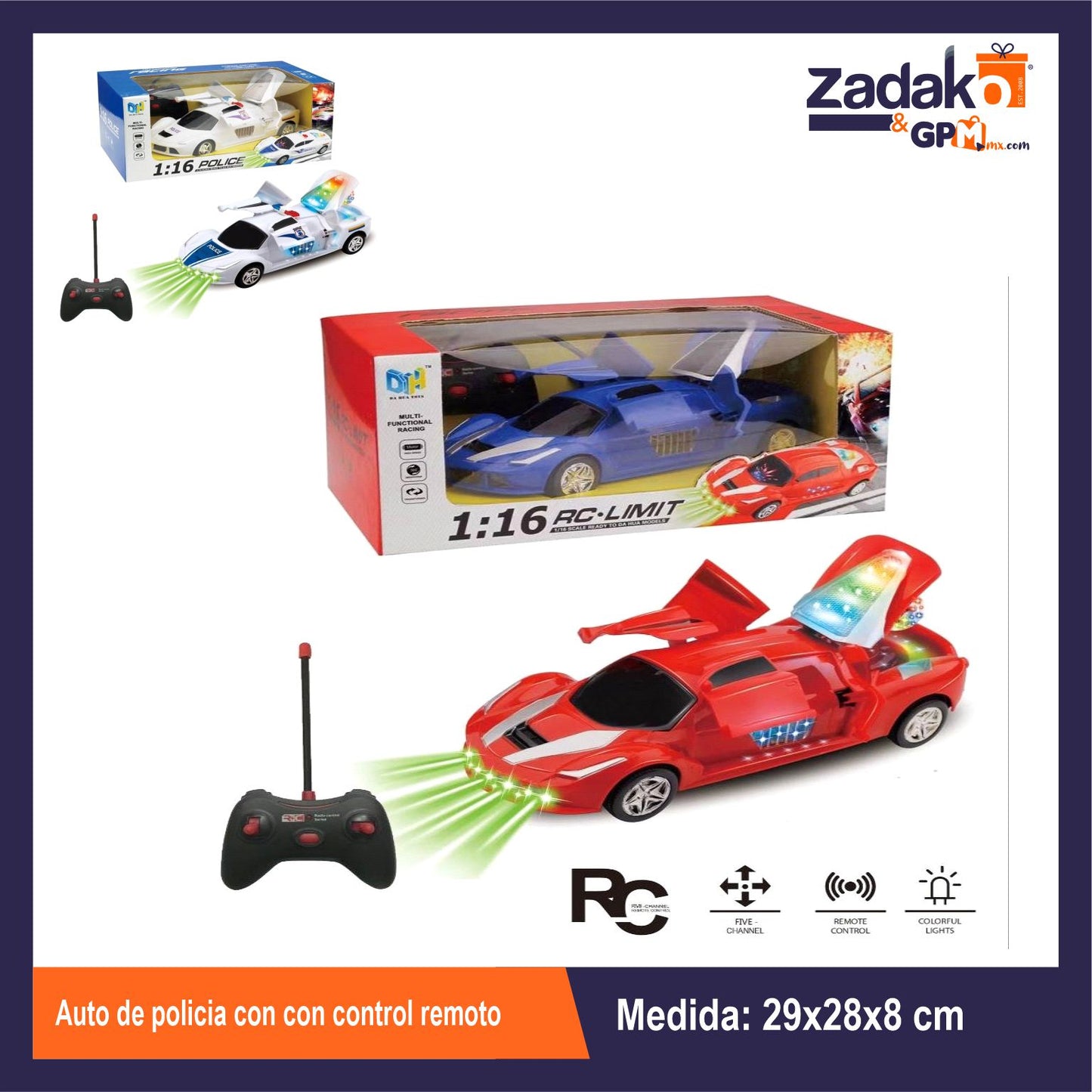 ZT-0452 AUTO DE POLICIA CON CON CONTROL REMOTO 29x8x28 CM CON 1 PZ, O CAJA CON 36 PZS