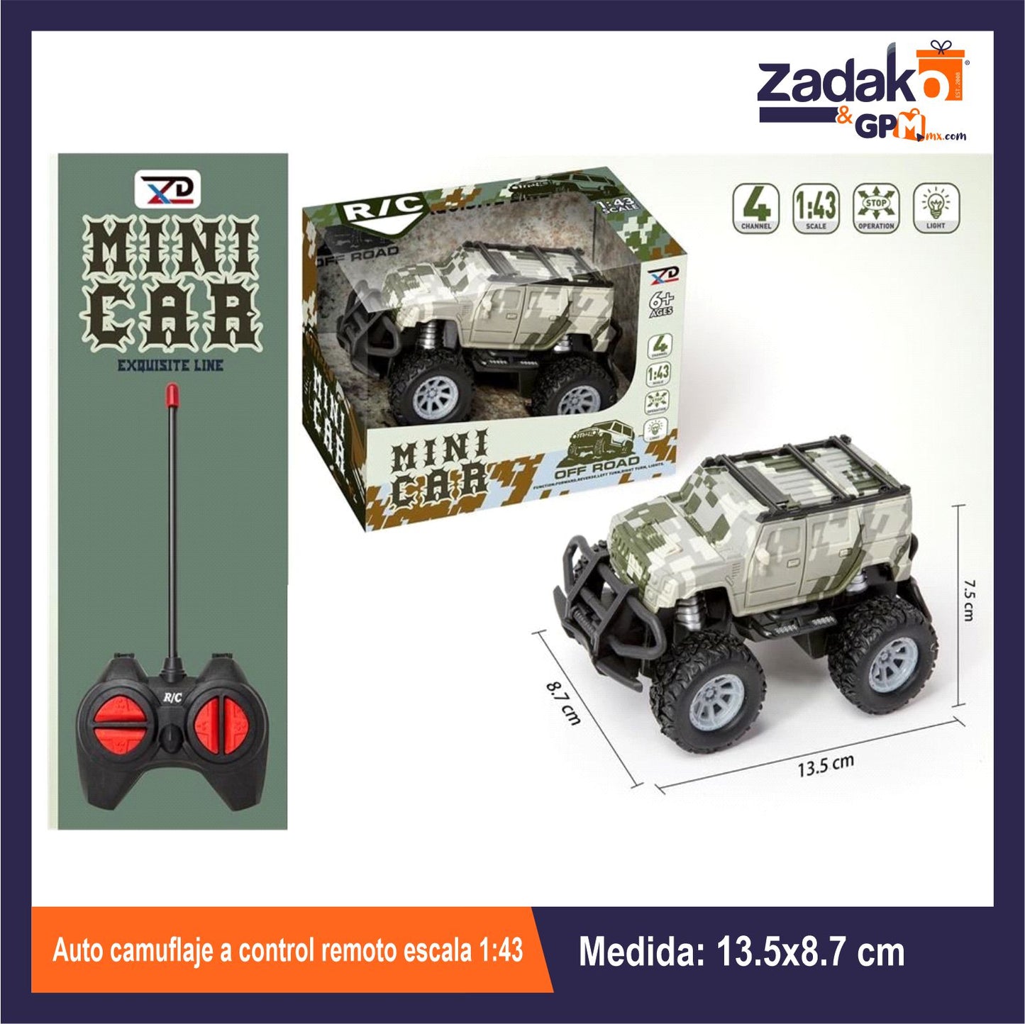 ZT-0454 AUTO CAMUFLAJE A CONTROL REMOTO ESCALA 1:43 15.7x11.5x10 CM CON 1 PZ, O CAJA CON 96 PZS