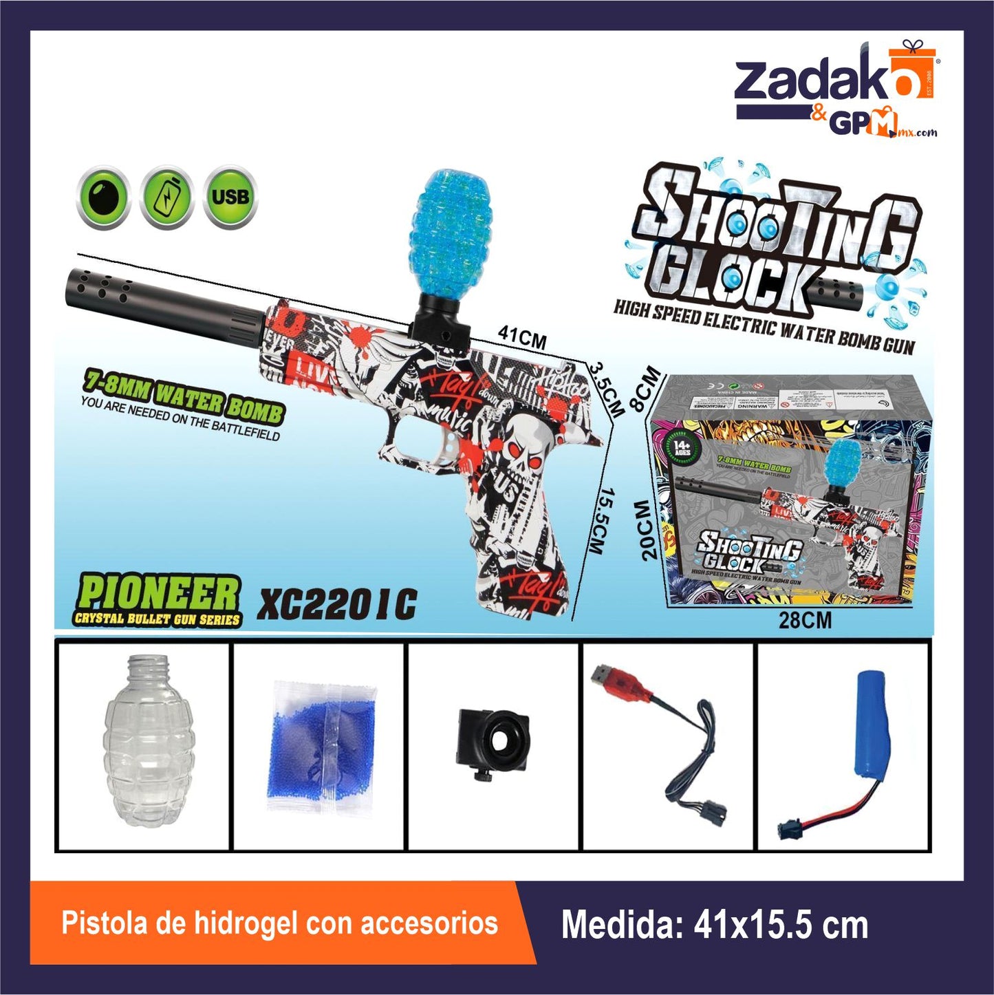 ZT-0577 PISTOLA DE HIDROGEL CON ACCESORIOS CON 1 PZ O CAJA CON 36 PZS