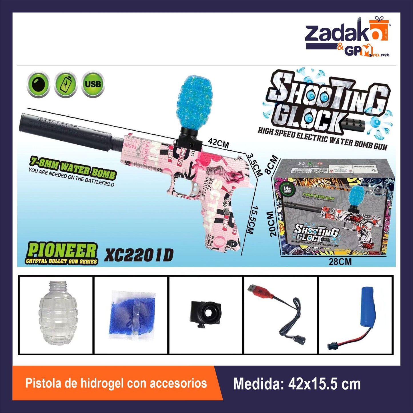 ZT-0584 PISTOLA DE HIDROGEL CON ACCESORIOS CON 1 PZ O CAJA CON 36 PZS