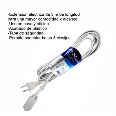 GPM-8639 EXTENSION ELECTRICA BLANCA 3 MTS,ACABADO DE PLASTICO,TAPAS DE SEGURIDAD,.PERMITE CONECTAR HASTA 3 CLAVIJAS ATERRIZADAS CON 1 PZ O CAJA CON 120 PZS