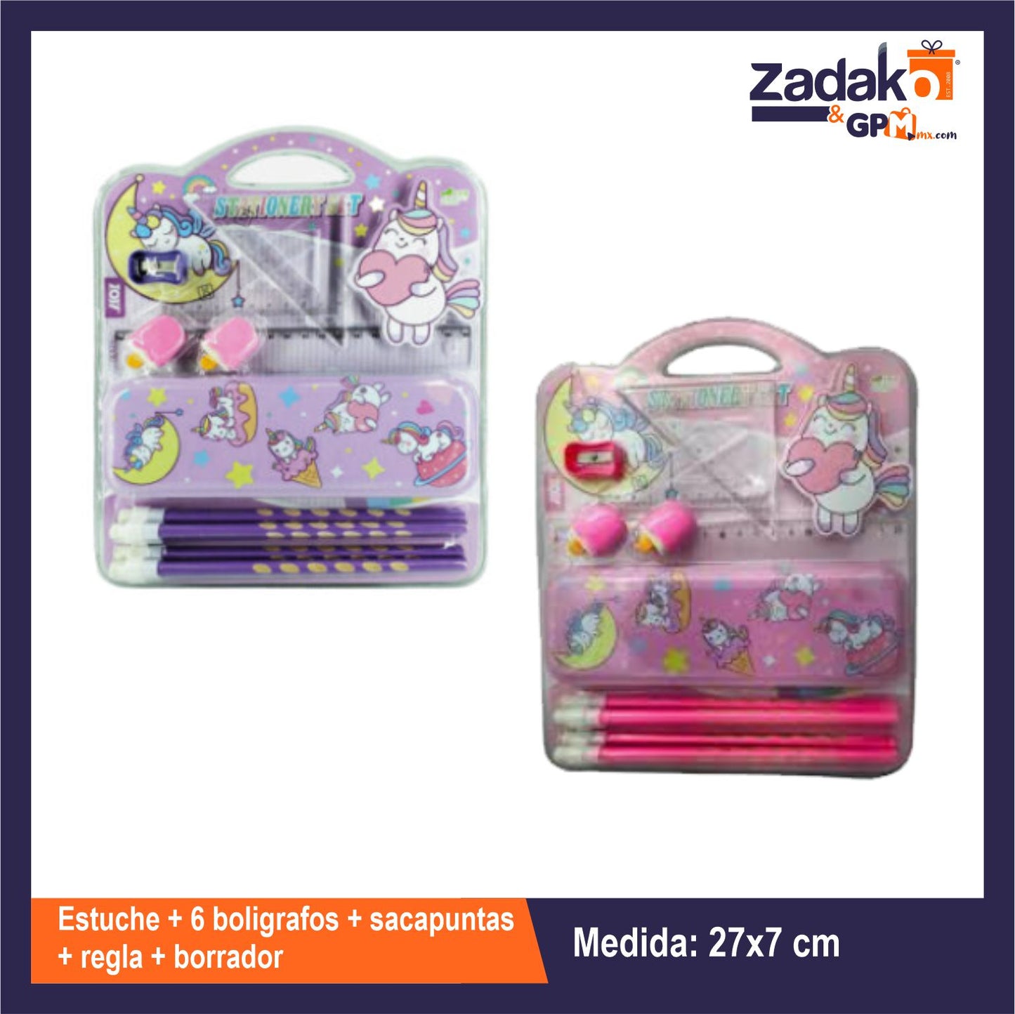 C-998-41 ESTUCHE  + 6 BOLIGRAFOS + SACAPUNTAS + REGLA + BORRADOR 22* 7 CM  2 ESTILOS CON 3 COLORES CON 1 PZ O CAJA CON 96 PZS