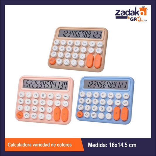 HFY-10867 CALCULADORA 12 DIGITOS DISPLAY GRNADE VARIEDAD DE COLORES 14x16.5 CM CON 1 PZ O CAJA CON 60 PZS