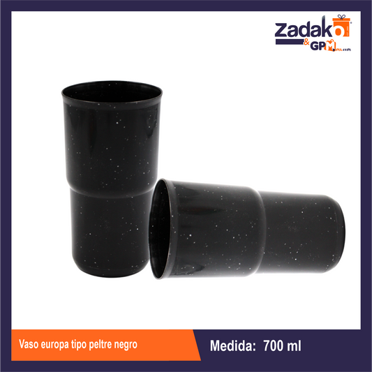 N-GPM-10909  VASO EUROPA 700 ML TIPO PELTRE NEGRO DE PLASTICO CON 1 PZ O CAJA CON 50 PZS