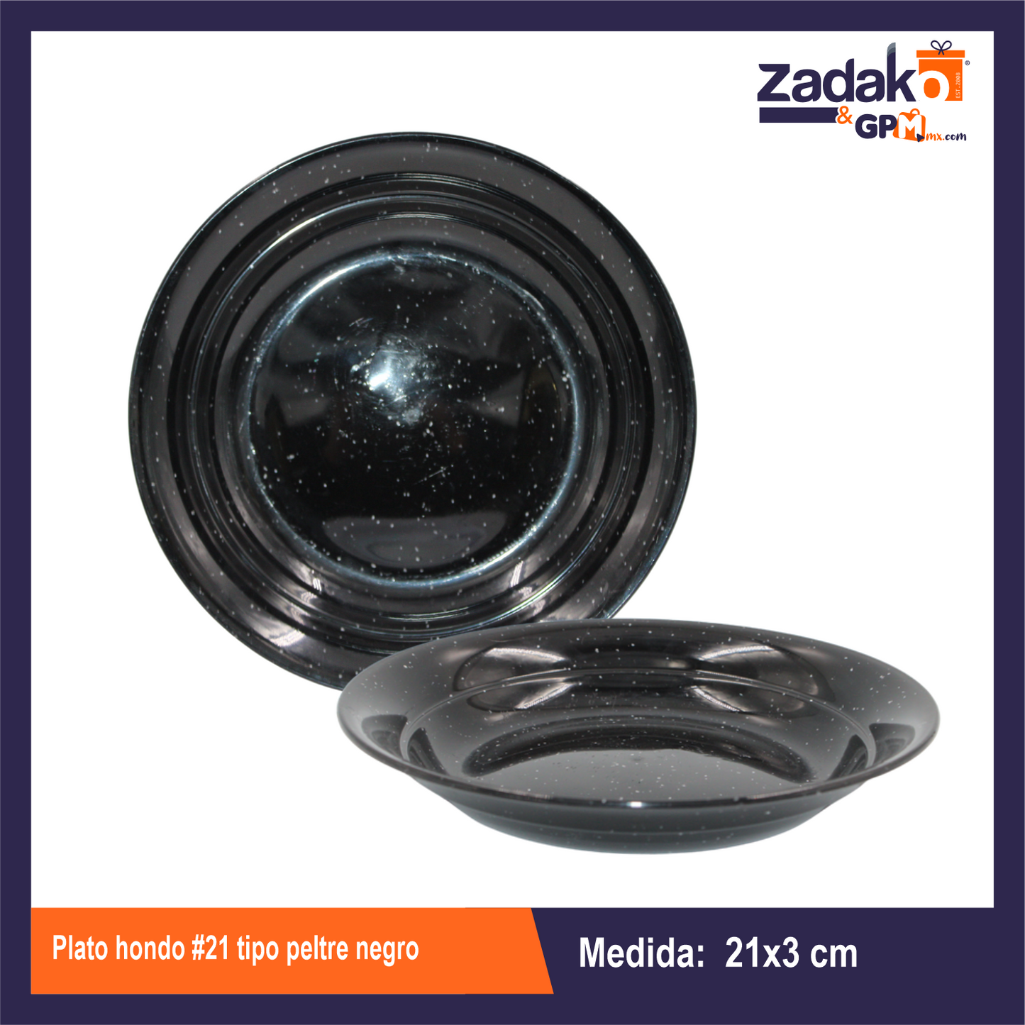 PLATO HONDO No. 21 TIPO PELTRE NEGRO DE PLASTICO  CON 1 PZ O CAJA CON 100 PZS