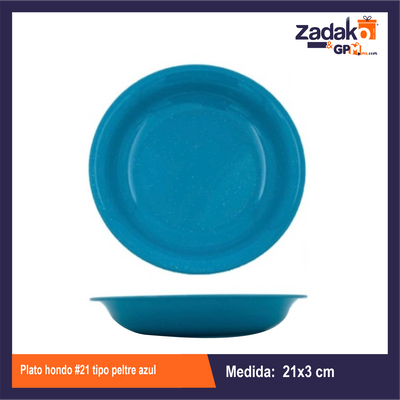 PLATO HONDO #21  TIPO PELTRE AZUL DE PLASTICO  CON 1 PZ O CAJA CON 100 PZS