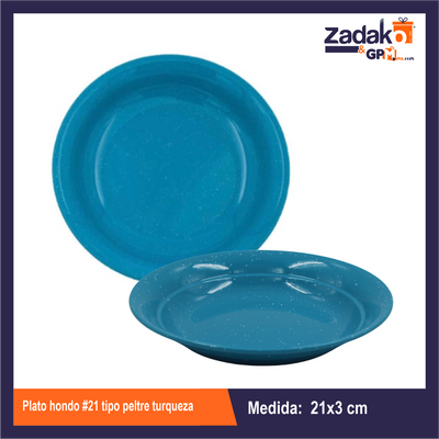 PLATO HONDO #21  TIPO PELTRE TURQUEZA DE PLASTICO  CON 1 PZ O CAJA CON 100 PZS