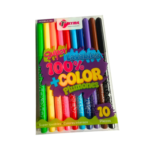 811-10 PLUMONES COLORES INTENSOS SUPER LAVABLES C/10 PZS CON 1 PQ O CAJA CON 96 PQTS
