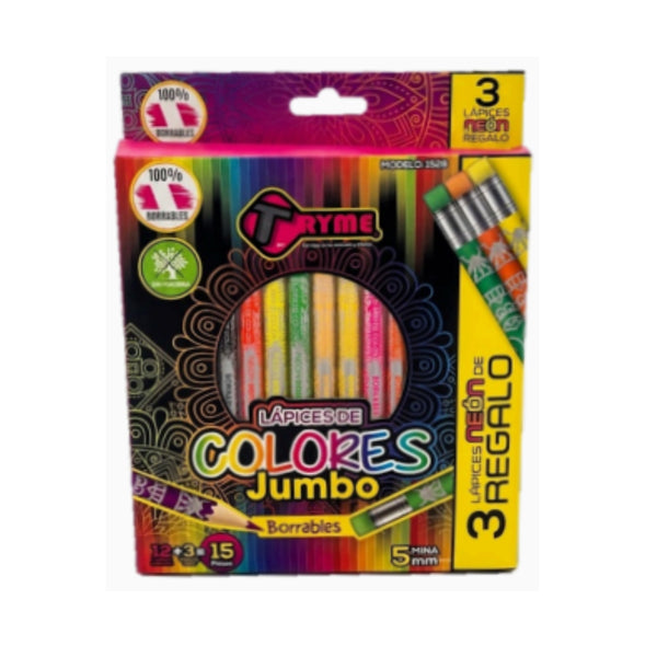 1528 BORRABLES JUMBO C/12 COLORES INTENSOS + 3 NEON DE REGALO CON 1PQT O CAJA CON 72 PQTS