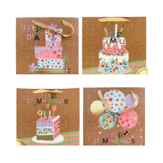 GBPHB153L BOLSA DE REGALO 10 X 12.5 PULG CUMPLEAÑOS HOT STAMPING 4 MOD PASTEL CON 1 PZ O CAJA CON 48 PZS