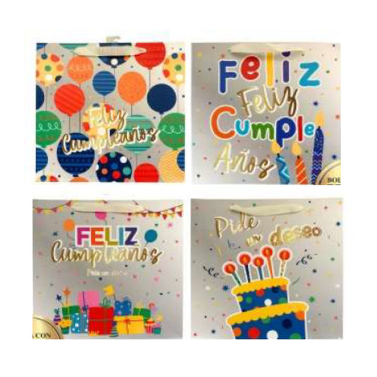 GBPHB161CM BOLSA DE REGALO 10 X 10 PULG CUMPLEAÑOS HOT STAMPING MATE 4 MOD CUMPLE LUMINOSO CON 1 PZ O CAJA CON 48 PZS