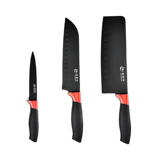 CAC105-01 JUEGO DE CUCHILLOS 3 PIEZAS NEGRO COLOR ROJO CON 1 PZ O CAJA CON 20 PZS
