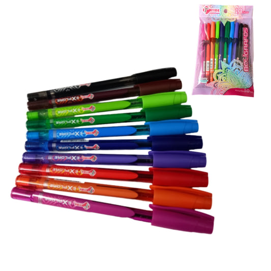 1151-EXPLORE-10 BOLIGRAFOS 10 COLORES VIVOS CON 1 PAQ O CAJA CON  72 PQTS