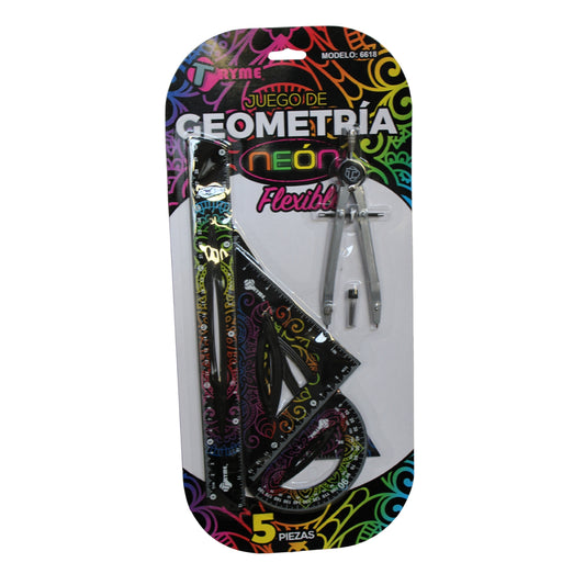 6618 JUEGO DE GEOMETRIA FLEX. GDE GRABADO (5 PZS NEGRO NEON) CON 1 PAQ O CAJA CON  72 PQTS