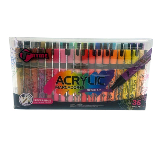 9561AR-36 MARCADORES DE ACRILICO PUNTA REVERSIBLE CINCEL/REDONDA 36 COLORES CON 1 PAQ O CAJA CON  36 PQTS