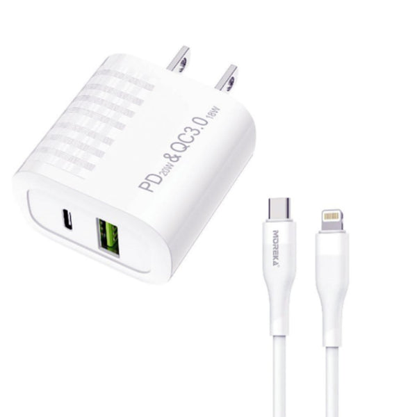AC107 TURBO CARGADOR MOREKA SALIDAS USB TIPO C A LIGHTNING 1M, CON 1 PZ O CAJA CON 100 PZS
