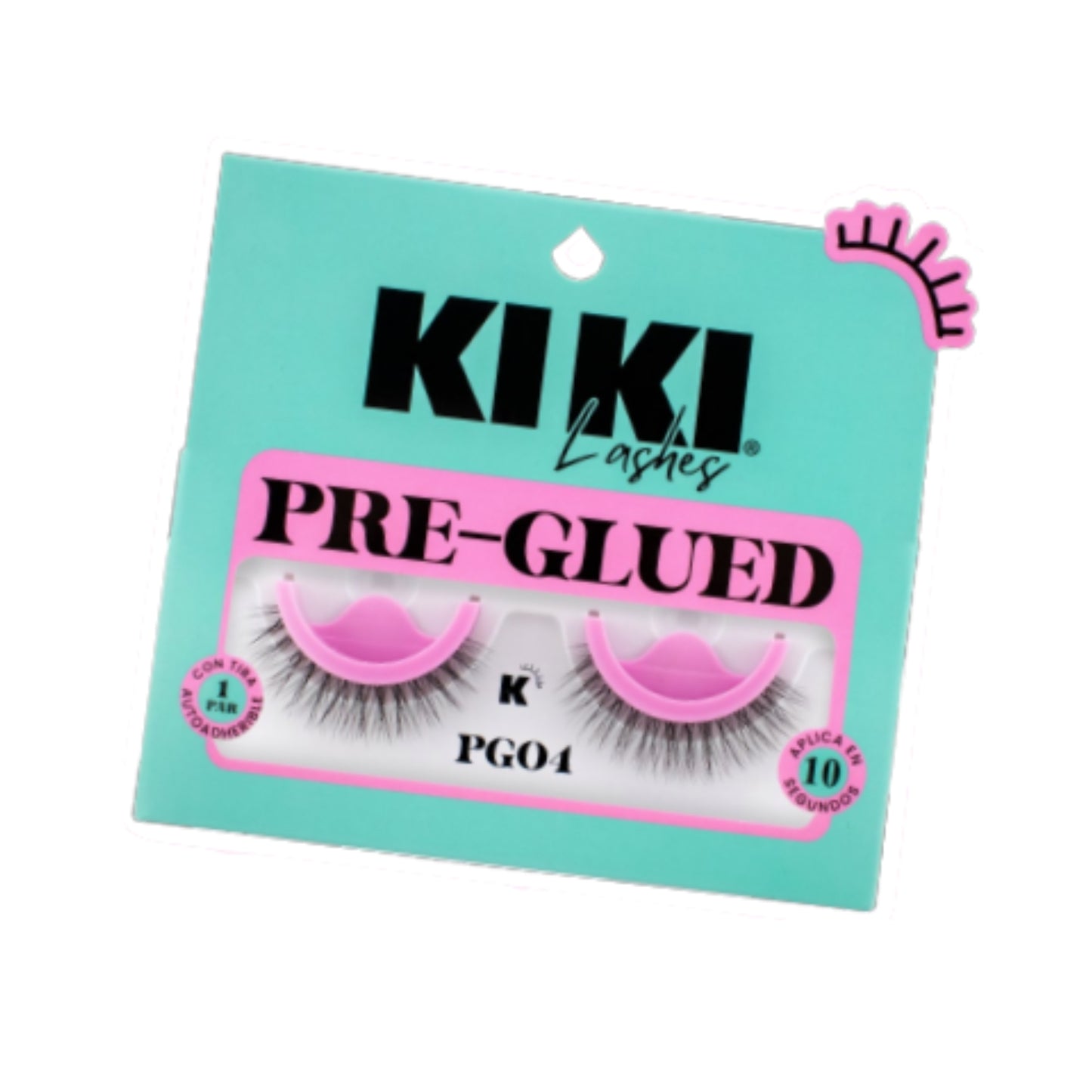 PG04 PRE-GLUED KIKI LASHES 1 PAR DE PESTAÑAS POSTIZAS CON TIRA AUTOADHERIBLE, PAQUETE CON 12 PZS