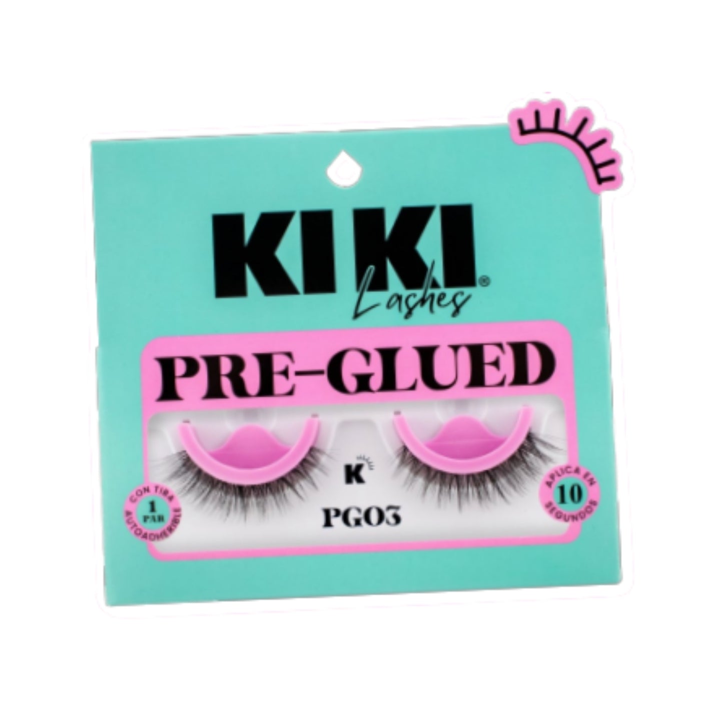 PG03 PRE-GLUED KIKI LASHES 1 PAR DE PESTAÑAS POSTIZAS CON TIRA AUTOADHERIBLE, PAQUETE CON 12 PZS