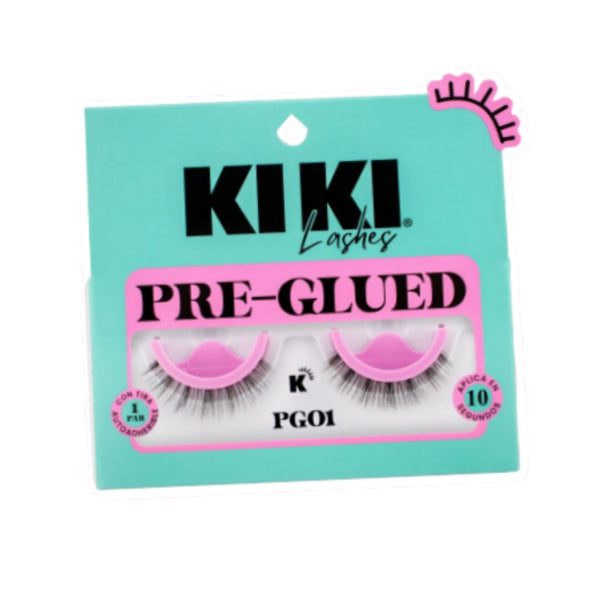 PG01 PRE-GLUED KIKI LASHES 1 PAR DE PESTAÑAS POSTIZAS CON TIRA AUTOADHERIBLE, PAQUETE CON 12 PZS