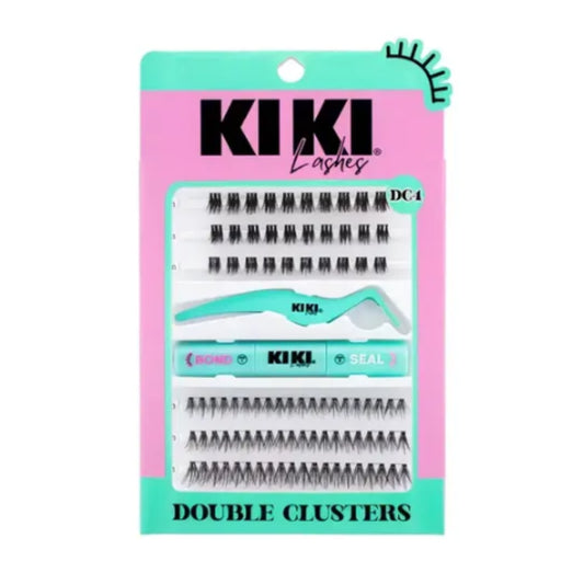 KDC4 DOUBLE CLUSTERS KIKI LASHES SET DE PESTAÑAS PORTIZAS CON PINZAS Y PEGAMENTO DOBLE, PAQUETE CON 12 PZS