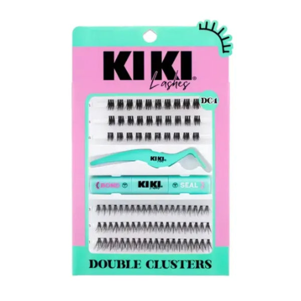 KDC4 DOUBLE CLUSTERS KIKI LASHES SET DE PESTAÑAS PORTIZAS CON PINZAS Y PEGAMENTO DOBLE, PAQUETE CON 12 PZS