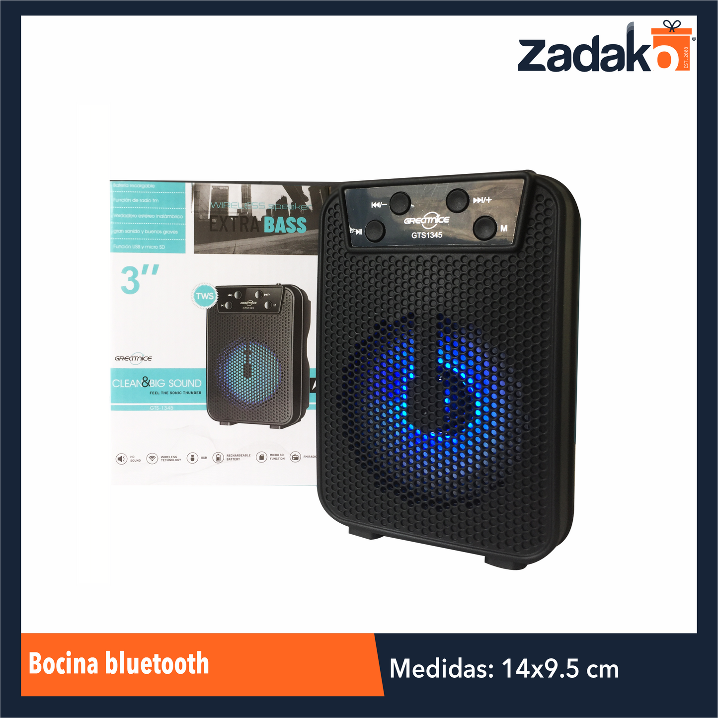 GTS-1345 BOCINA BLUETOOTH  9.5 CM X 14 CM CON UNA PZ O CAJA CON 80 PZS