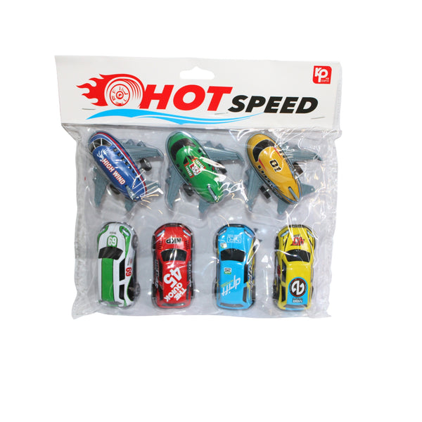 HFY-14049 BLISTER CON 4 CARRITOS Y 3 AVIONES METALICOS 23x24 CM CON 1 PQ O CAJA CON 192 PQTS