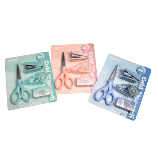 HFY-14409 SET DE TIJERAS, ENGRAPADORA, GRAPAS No.10 Y CINTA CORRECTORA 0.5 MM X 6 MTRS,  CON 1 PZ O CAJA CON 240 PZS