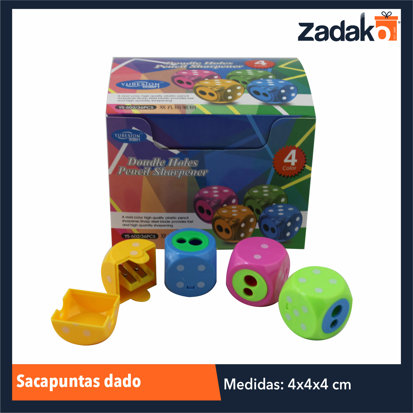 P-38-48 / ZK-8034 SACAPUNTAS DADO, CON 36 PZS, O CAJA CON 36 PQTS