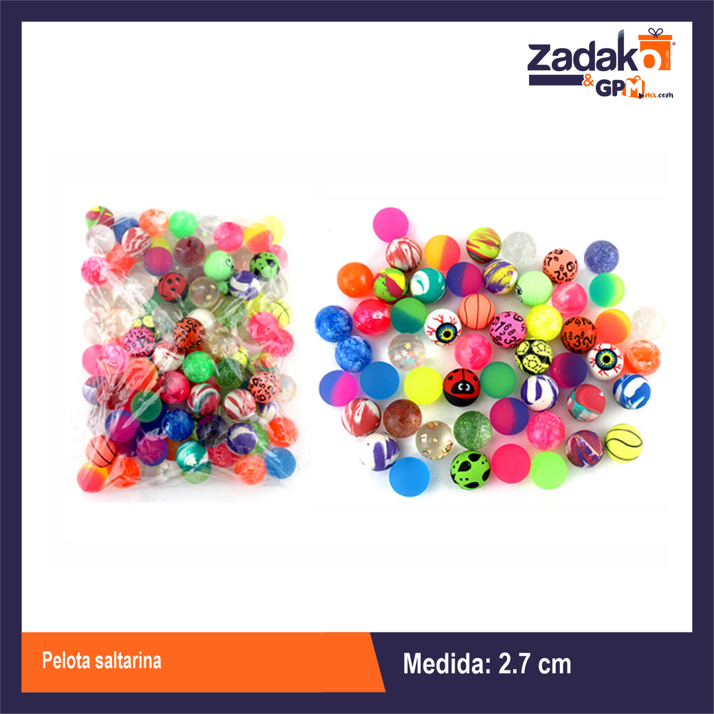 PN-0019 PELOTA SALTARINA 2.7 CM  CON 100 PZS O CAJA CON 20 PQTS
