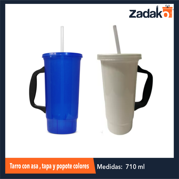 TARRO 32 OZ CON ASA , TAPA Y POPOTE COLORES CON 1 PZ O CAJA CON 102 PZS