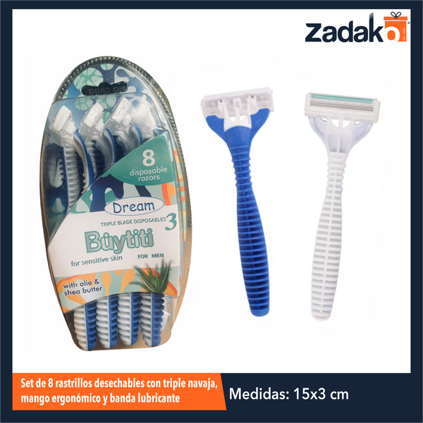 TXD-18 SET DE 8 RASTRILLOS DESECHABLES CON TRIPLE NAVAJA, MANGO ERGONOMICO Y BANDA LUBRICANTE CON 1 PZ O CAJA CON 72 PZS