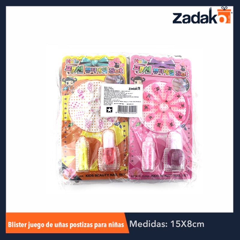 ZB-0122 BLISTER JGO DE UÑAS POSTIZAS P/NIÑA, CON 1 PZ O CAJA CON 864 PZS