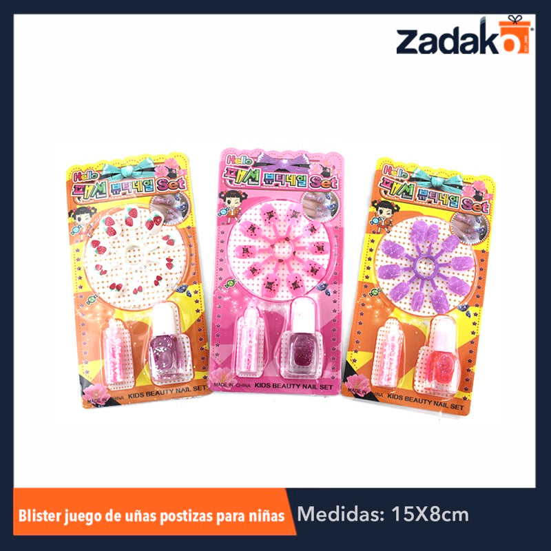 ZB-0122 BLISTER JGO DE UÑAS POSTIZAS P/NIÑA, CON 1 PZ O CAJA CON 864 PZS