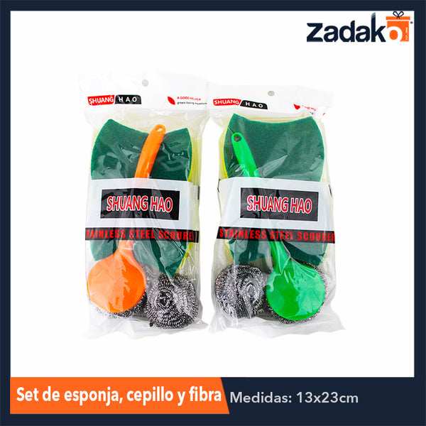 ZC-0347 SET DE ESPONJA, CEPILLO Y FIBRA, CON 1 PZ O CAJA CON 200 PZS