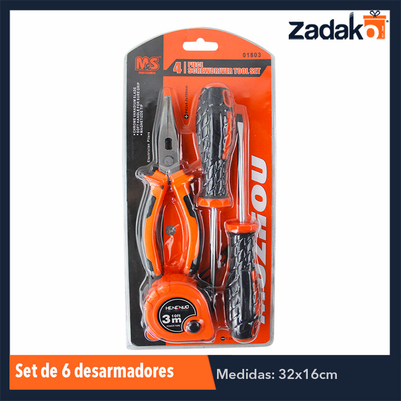 ZF-0060 JGO 4 PZS DE HERRAMIENTAS (PINZAS DE PUNTA, FLEXÓMETRO Y DESARMADORRES) CON 1 PZ O CAJA CON 60 PZS