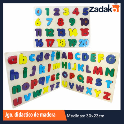 ZP-0676 TABLERO DE ROMPECABEZAS DE APRENDIZAJE DE MADERA DE ALFABETO (DE MAYUSCULAS O MINUSCULAS) O NUMERICO, CON 1 PZ O CAJA CON 90 PZS