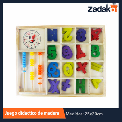 ZJ-0993 CAJA DE MADERA CON NUMEROS, ABACO Y RELOJ, PARA APRENDIZAJE DE MATEMATICAS DE 20X24CM, CON 1 PZ O CAJA CON 120 PZS