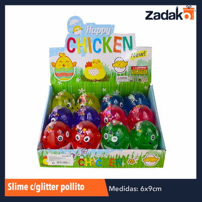 ZJ-1007 SLIME C/GLITTER POLLITO CASCARON, CON 12 PZS, O CAJA CON 16 PQTS