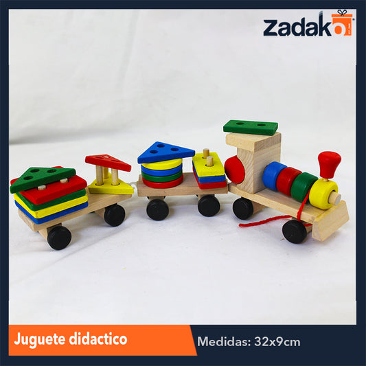 ZJ-0994 TREN DIDACTICO DE MADERA CON FIGURAS GEOMETRICAS DE COLORES DE 32x9x5 CM, CON 1 PZ O CAJA CON 80 PZS