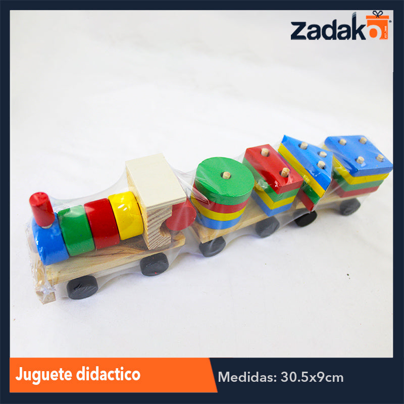 ZJ-0996 TREN DIDACTICO DE MADERA CON FIGURAS GEOMETRICAS DE COLORES DE 30X9X6CM, CON 1 PZ O CAJA CON 100 PZS