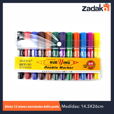 ZP-0388 BLISTER 12 COLORES MARCATEXTOS DOBLE PUNTA, CON 1 PZ O CAJA CON 80 PZS