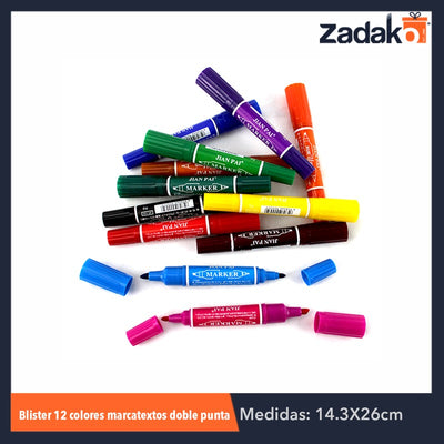 ZP-0388 BLISTER 12 COLORES MARCATEXTOS DOBLE PUNTA, CON 1 PZ O CAJA CON 80 PZS