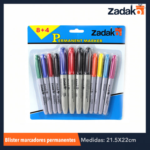 GPM-0241 ZP-0407 BLISTER 8+4 COLORES MARCADOR PERMANENTE, CON 1 PZ O CAJA CON 100 PZS