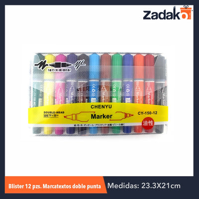 ZP-0387 ESTUCHE 12 COLORES MARCATEXTOS DOBLE PUNTA, CON 1 PZ O CAJA CON 80 PZS